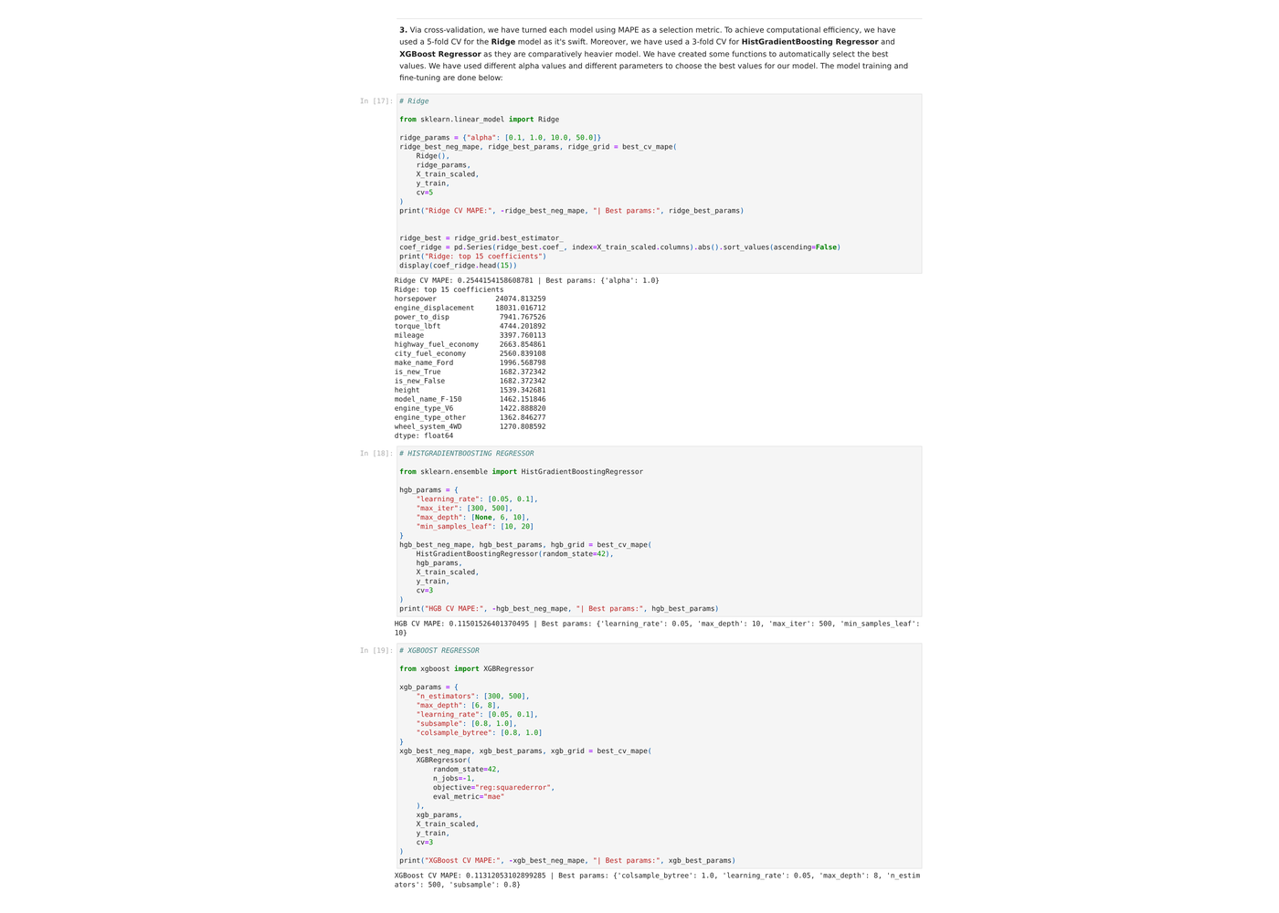 Model training: Ridge, HistGradientBoosting and XGBoost with cross-validated MAPE