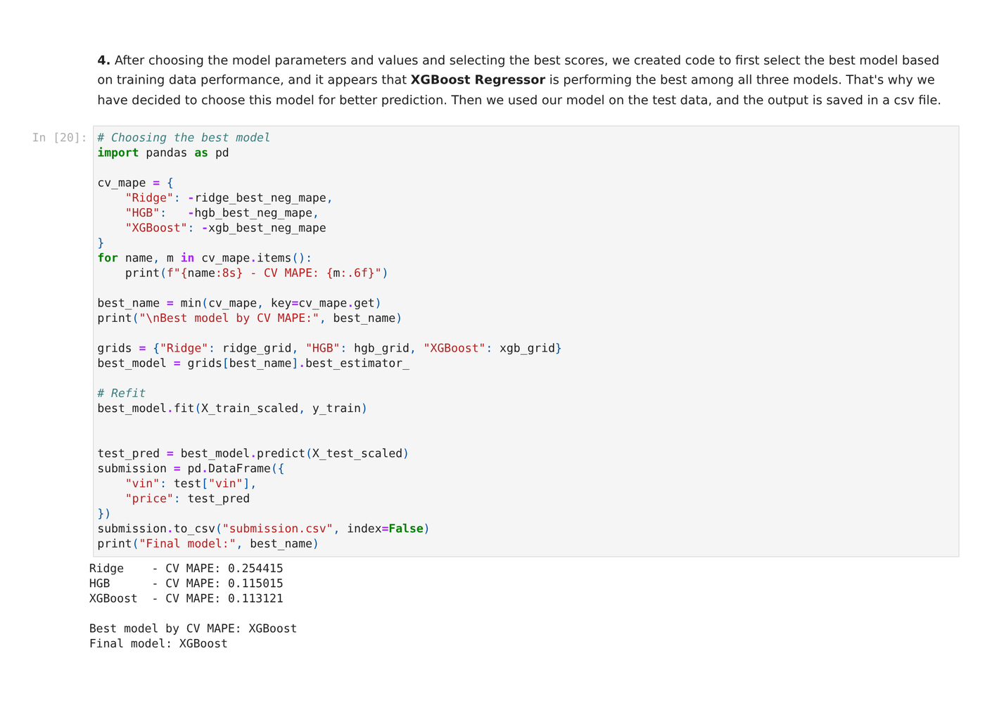 Model selection output: XGBoost best at 11.3% CV MAPE vs 25.4% baseline