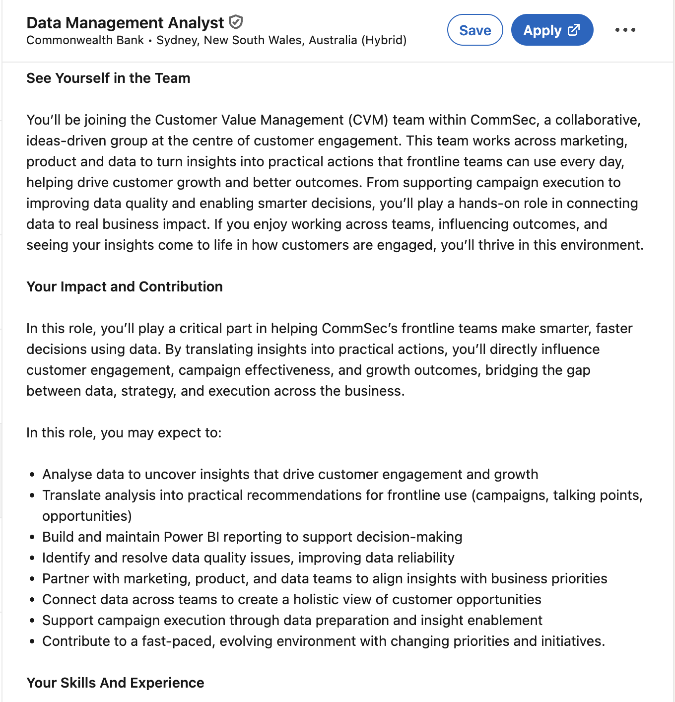 CommSec Data Management Analyst job advertisement screenshot